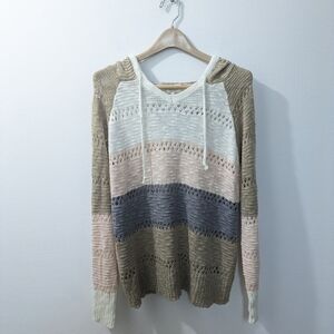 BIBI Crochet Style Multi Color Hooded Sweater Women's Large